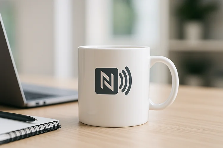 ماگ سفید سرامیکی با نماد NFC روی میز چوبی روشن در کنار لپ‌تاپ و دفترچه در فضای اداری مدرن